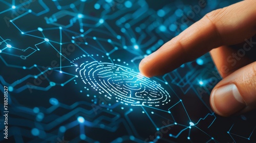 Human Finger Interacting with Advanced Digital Interface of Fingerprint Recognition System, Concept of Biometric Security, Technology, and Identity Verification photo