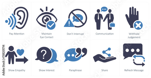 A set of 10 active listening icons as pay attention, maintain eye contact, dont interrupt