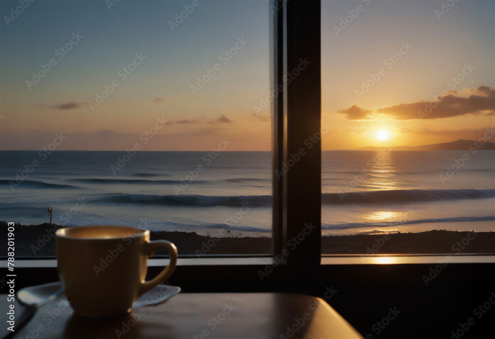 Cafe with a view of the sea at sunset Cafe with a view of the sea at sunset