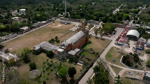 Aerial view of Sotuta town with church, trees, and colonial architecture, Yucatan, Mexico. photo