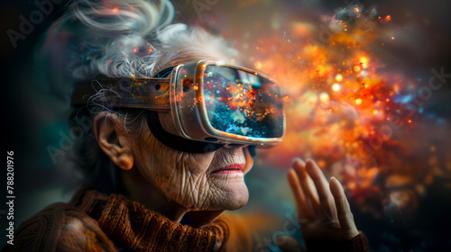 A grandmother wearing VR glasses in a futuristic setting with a virtual reality, metaverse world explosion in the background, technological wonder