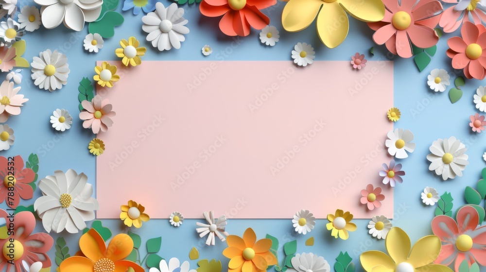 Floral patterns around edges. Beautiful background with delicate plants blooming at edges on white backdrop. Horizontal border with pastel spring summer flowers