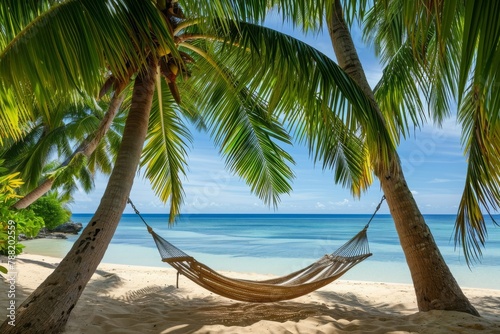A hammock is suspended between two palm trees on a sandy beach, inviting relaxation and comfort, An inviting hammock for two between palm trees on a secluded beach, AI Generated © Ifti Digital