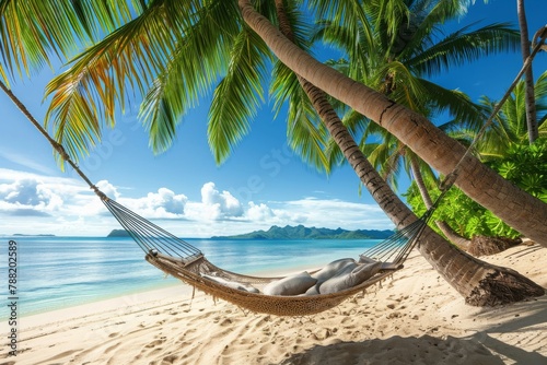 A hammock on a sandy tropical beach surrounded by lush palm trees  An inviting hammock for two between palm trees on a secluded beach  AI Generated