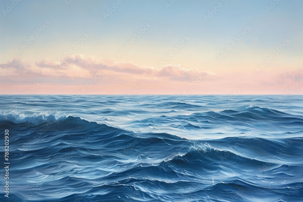 This photo shows a painting featuring a large expanse of water, capturing the essence of its immensity and presence, An oil painting of a tranquil ocean with gentle waves, AI Generated