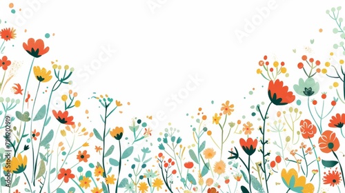 Floral patterns around edges. Beautiful background with delicate plants blooming at edges on white backdrop. Horizontal border with pastel spring summer flowers