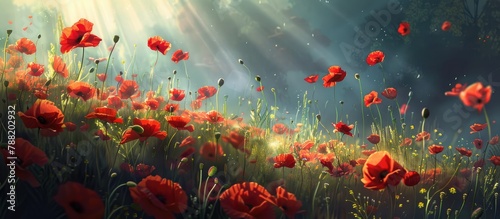 Field of poppies under the sun's rays. © Vusal