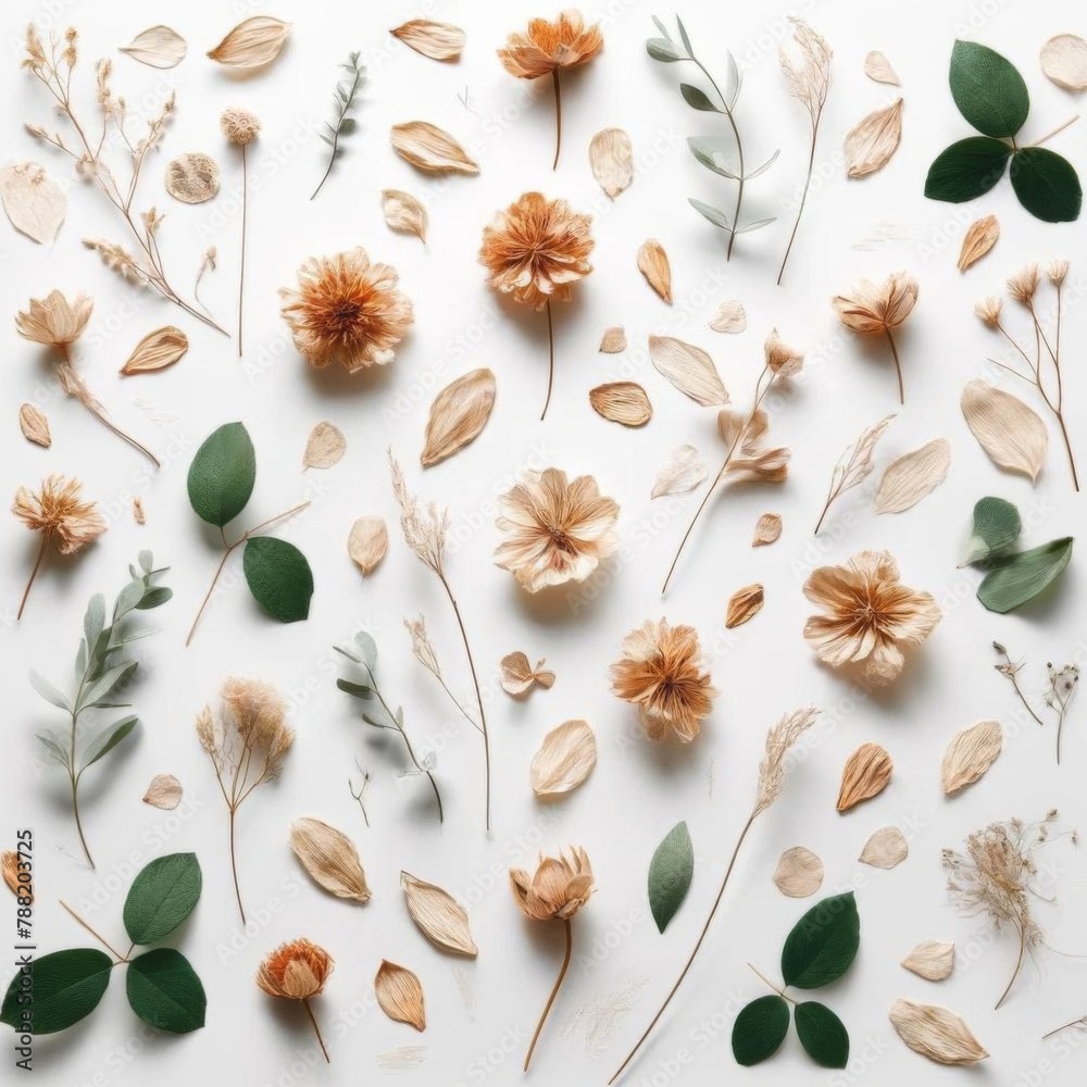Delicate dried flowers and botanical elements spread out on a white background.