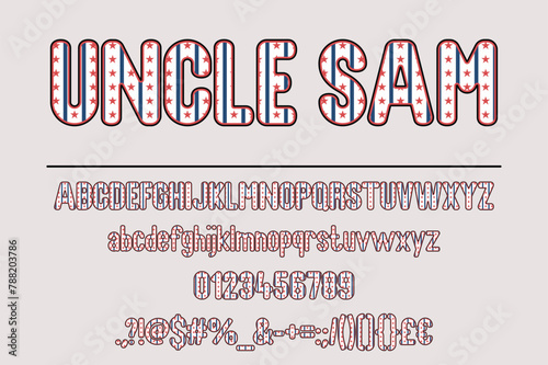 Uncle Sam with American Flag Color Font Set. Alphabet Design