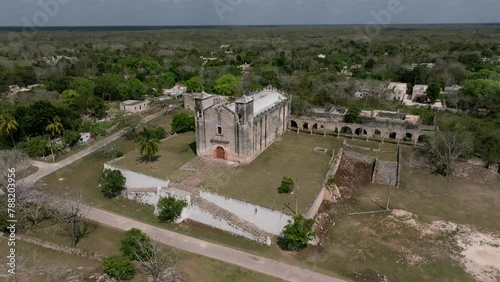 Aerial view of historical ruins and colonial architecture in Sotuta, Yucatan, Mexico. photo