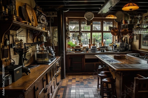 A well-equipped kitchen with plenty of counter top space to accommodate various cooking and food preparation activities, An old-fashioned pub kitchen at the break of dawn, AI Generated © Ifti Digital