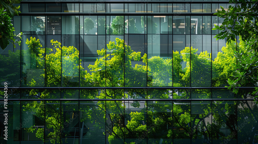 Green Trees Reflected on the Glass Facade of a Modern Office Building