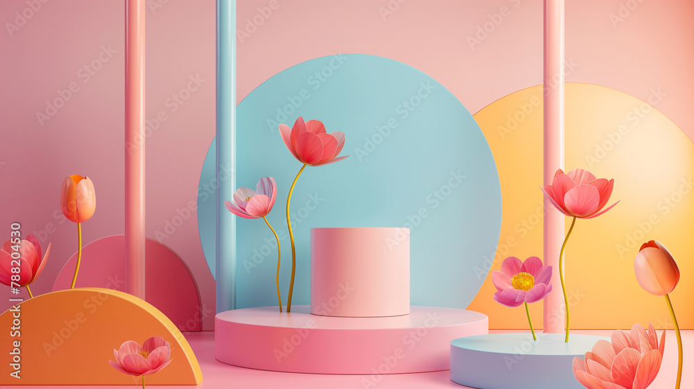 modern trendy color cylinder podiums with circular neon, Pastel empty room background. Abstract vector rendering 3D shape for product display. Minimal wall scene, Studio, room summer modern trendy color cylinder podiums with circular neon, Pastel empty room background. Abstract vector rendering 3D shape for product display. Minimal wall scene, Studio, room summer