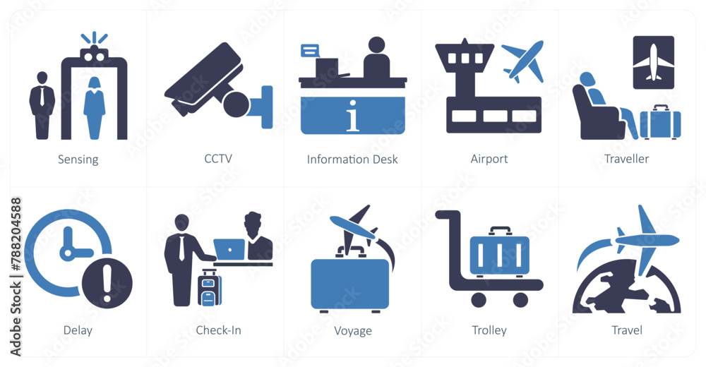 A set of 10 airport icons as sensing, cctv, information desk - obrazy, fototapety, plakaty 