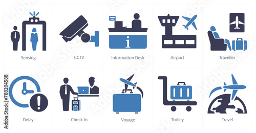 A set of 10 airport icons as sensing, cctv, information desk