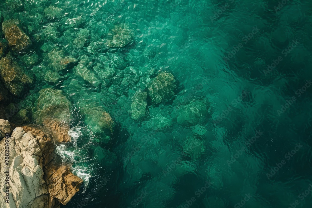 An aerial photograph showcasing the vast expanse of the ocean and rugged rock formations, An overhead capture of clear emerald sea with a rocky shore, AI Generated