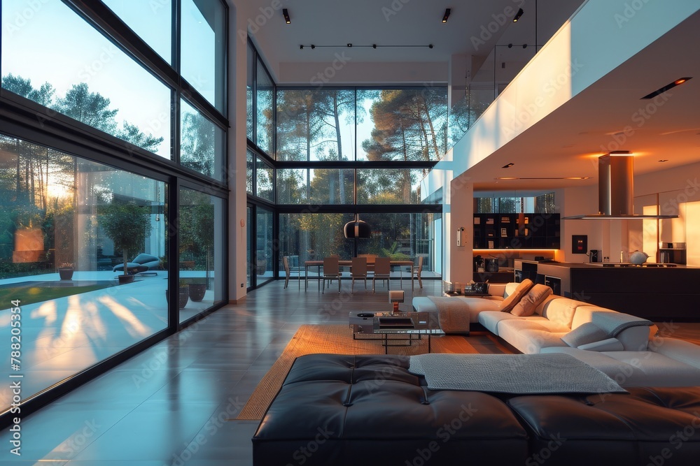 This photo captures a spacious living room adorned with various pieces of furniture and featuring expansive windows, An ultramodern smart home, AI Generated This photo captures a spacious living room adorned with various pieces of furniture and featuring expansive windows, An ultramodern smart home, AI Generated
