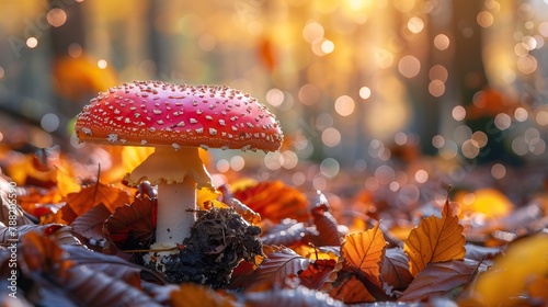 Colorful mushroom with a vibrant red cap dotted in white, sprouting from a forest floor