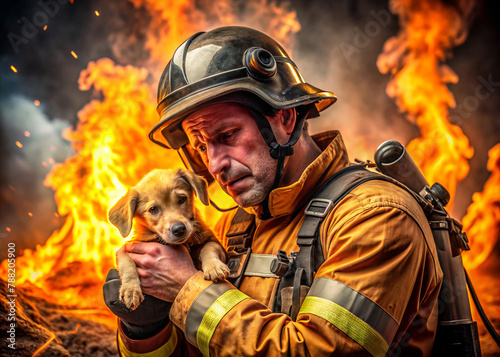 A male firefighter in special equipment against a background of flames and clouds of black smoke. A rescuer on fire. A firefighter rescued a puppy from the fire.