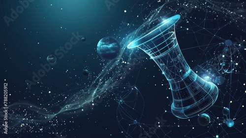 Abstract image of a Handbell at the reception in the form of a starry sky or space, consisting of points, lines, and shapes in the form of planets, stars and the universe. AI generated