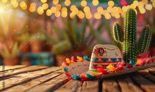 Mexican hat with cactus on wooden table. Bokeh lights. Cinco de mayo background photo