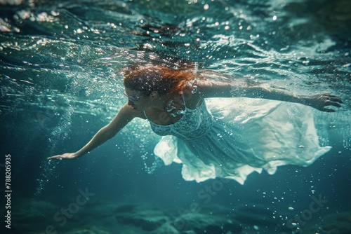 A woman wearing a white dress gracefully swimming beneath the waters surface, An underwater scene representing the drowning effect of opioid misuse, AI Generated