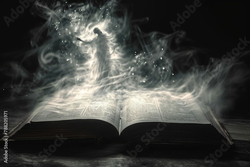 An open book releasing smoke into the air, An unearthly apparition rising from the pages of an ancient book, AI Generated