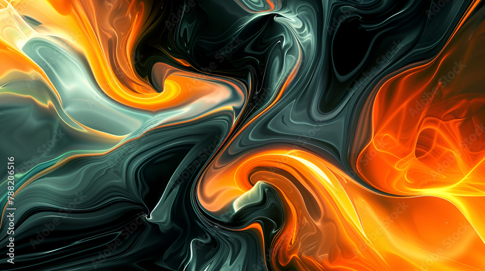 abstract background with orange and black liquid, 3d render ,Metallic one of a kind wavy liquid establishment energize organize techgrade. Creative resource, Abstract 3D background with reflections

