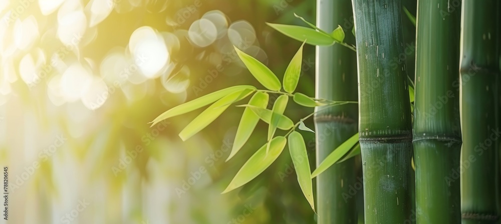 Obraz premium Lush bamboo forest and meadow with soft natural light green leaves and trees in blur style