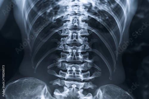 This x-ray image depicts the skeletal structure of a mans back, showcasing the intricate arrangement of bones, An X-ray view focused on the human abdomen, AI Generated