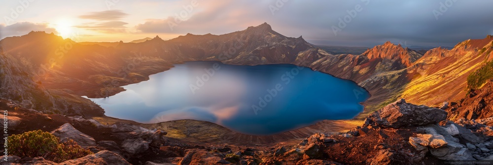 Serenade of the Sun: Majestic Mountain Sunrise Over a Pristine Crater Lake
