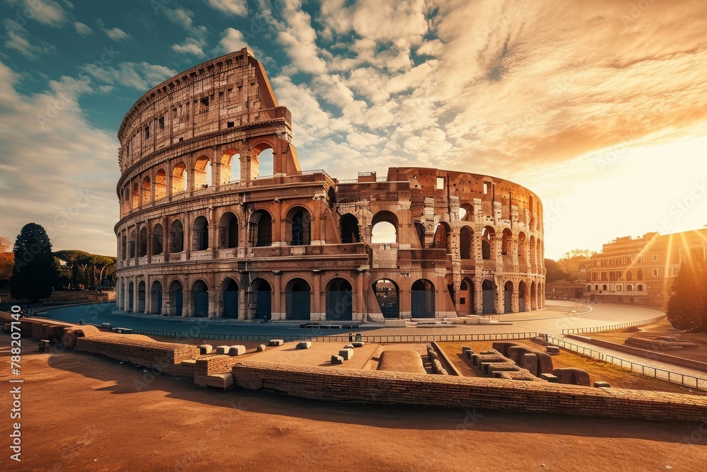 A photo capturing the imposing grandeur of the Roman Colosseum in Rome, showcasing its colossal architecture against a clear blue sky, Ancient Roman colosseum under the setting sun, AI Generated