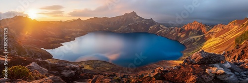 Serenade of the Sun: Majestic Mountain Sunrise Over a Pristine Crater Lake