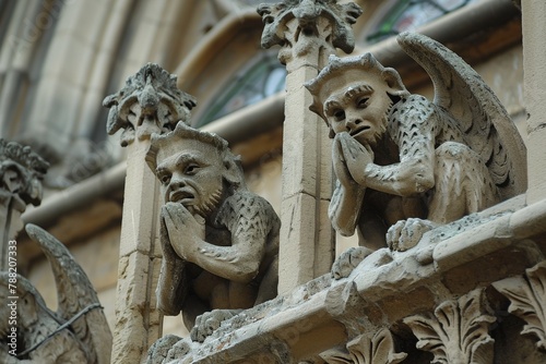 This photo captures a close-up view of the intricate gargoyles adorning a buildings faÃ§ade, Ancient stone gargoyles perched on Gothic architecture, AI Generated photo