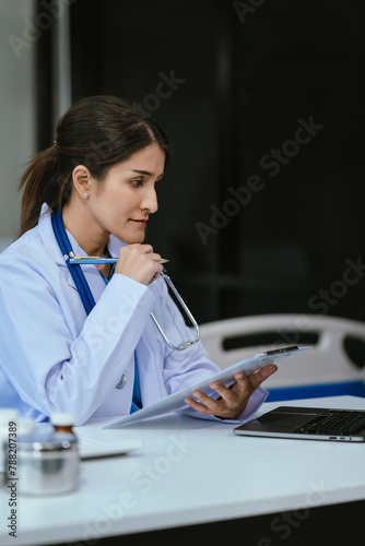 Medicine doctor hand working with modern digital tablet computer interface as medical network concept.