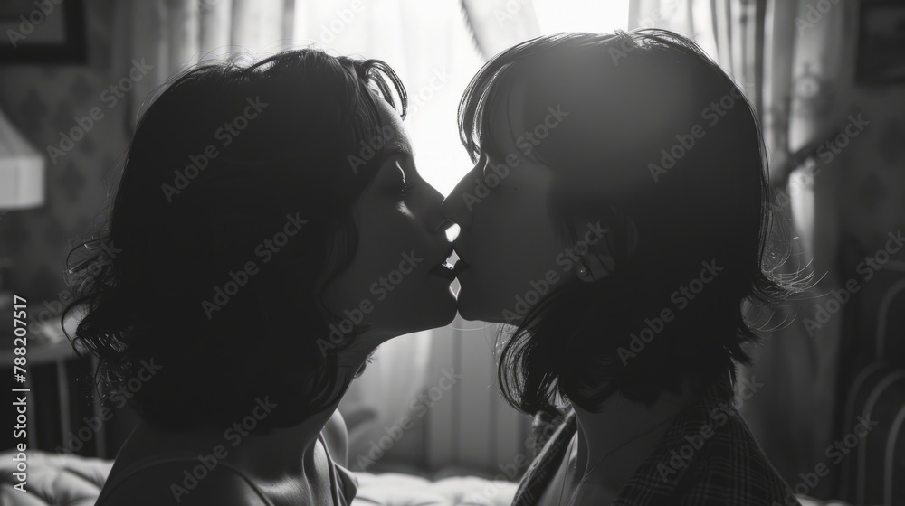 LGBTQ, bed and homosexual couple kiss,  Love, passion and lesbian people bond, intimate and enjoy morning in home bedroom. Black and white tone