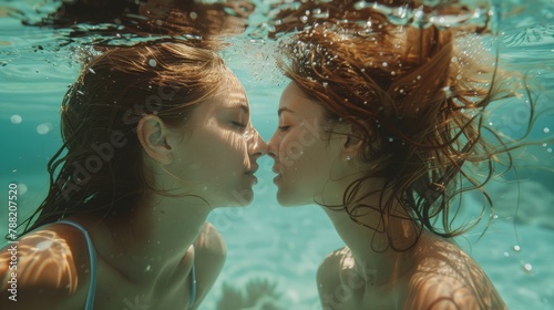Close-up of lesbian kiss inside swimming pool. A lesbian underwater kiss with love. Interracial Female Couple kiss underwater