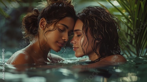 Close-up of lesbian kiss inside swimming pool. A lesbian underwater kiss with love. Interracial Female Couple kiss underwater © saichon