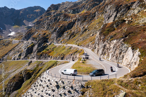 Sunsten Pass, Switzerland: Cars and motorcycle drives onf the Susten pass mountain between the cantons of Bern and Uri in the alps in summer in Switzerland photo
