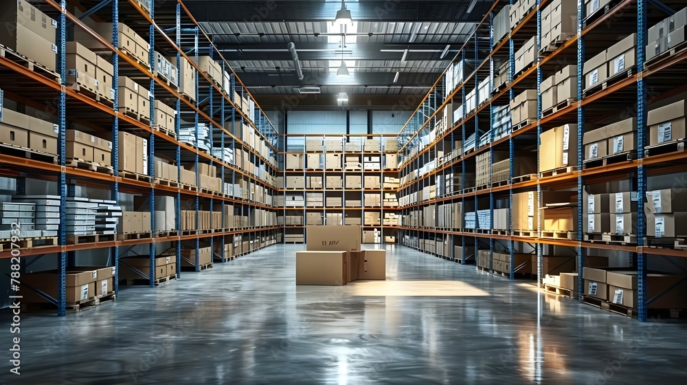 Spacious Warehouse Aisles with Organized Shelves and Boxes. Concept Warehouse Organization, Spacious Aisles, Organized Shelves, Box Storage, Industrial Facility