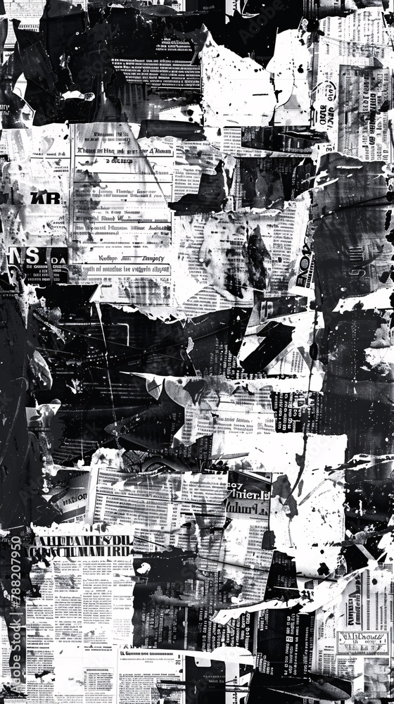 Newspaper magazine collage background texture with torn clippings in black and white