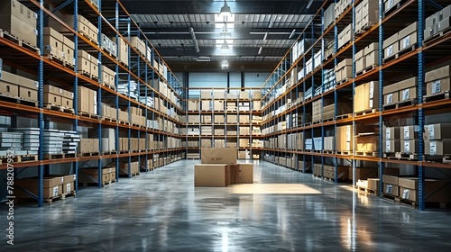 Spacious Warehouse Aisles with Organized Shelves and Boxes. Concept Warehouse Organization, Spacious Aisles, Organized Shelves, Box Storage, Industrial Facility
