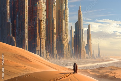 A man confidently stands atop a vast desert covered in sand, embracing the solitude and vastness of the landscape, Arabesque-style skyscrapers looming over a desert city, AI Generated photo