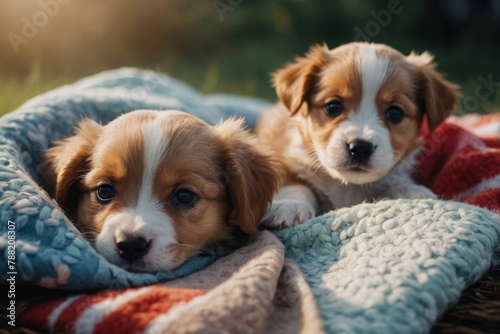cute colorful puppies lying on a blanket
