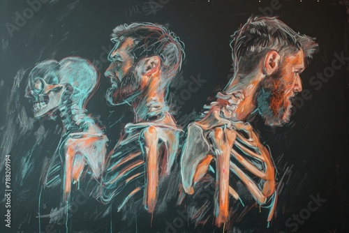 A chalk drawing depicting a man standing between two skeletons, Art outlining progression of a shoulder dislocation, AI Generated