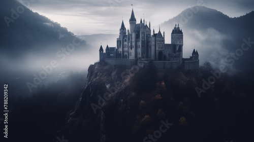 Background for a scary fairy tale background  a dark gothic castle in a dark dead valley  some kind of gray place in a gloomy area of a mountainous region