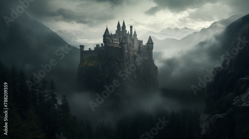 Background for a scary fairy tale background, a dark gothic castle in a dark dead valley, some kind of gray place in a gloomy area of a mountainous region photo