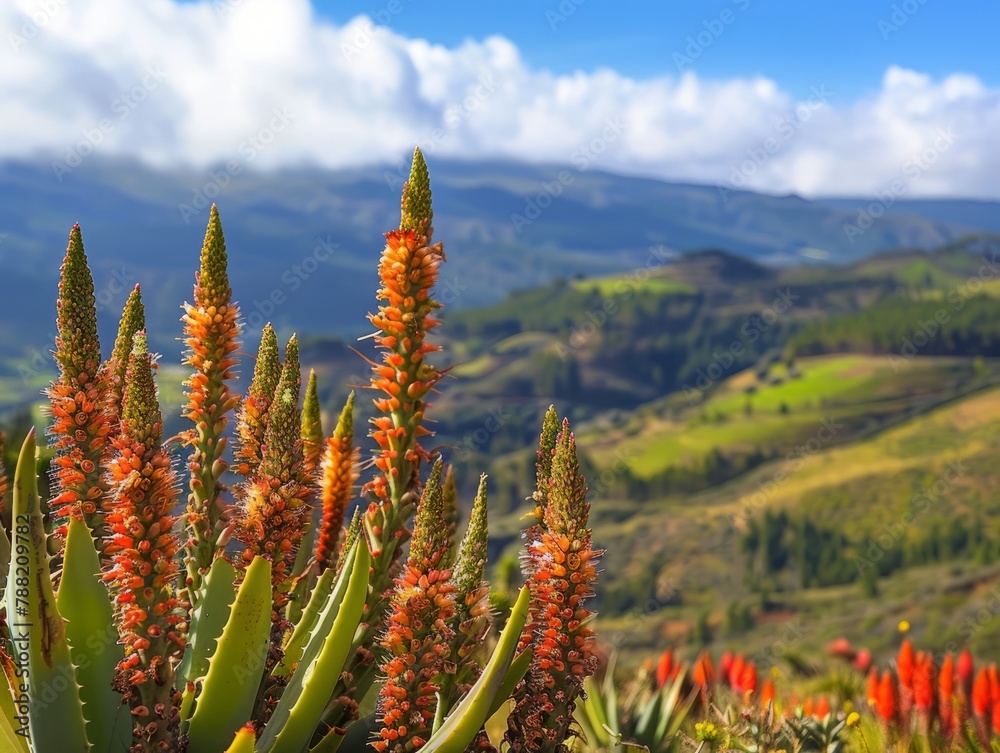 Aloe vera plants on a hillside with terraced fields Aloe vera plants on a hillside with terraced fields