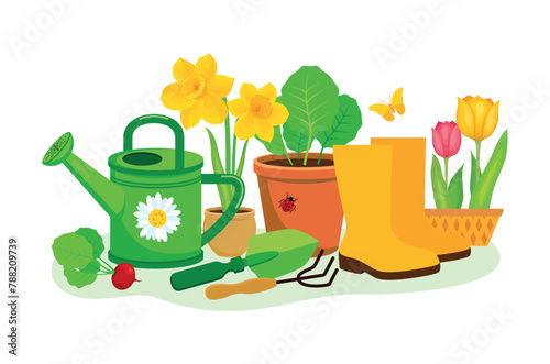 Gardening equipment and tools still life vector illustration. Garden watering can, flowers, shovel, flowerpot with plant, wellies rubber boots icon set isolated on a white background