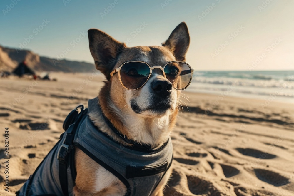 dog with glasses on the beach